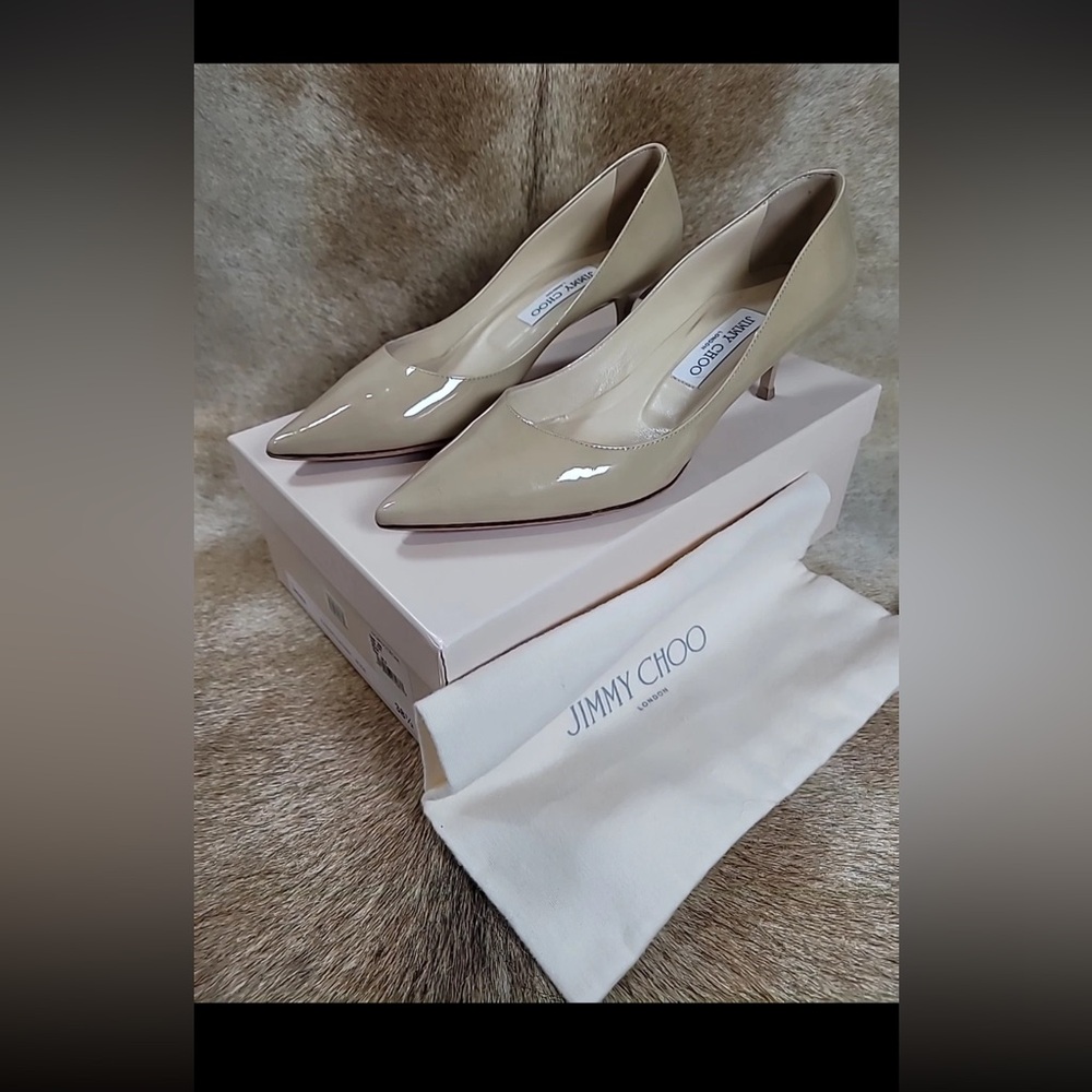 JIMMY CHOO AZA NUDE PATENT LEATHER POINTED‎ TOE PUMP SZ US 8.5/EU 38.5 W/Box